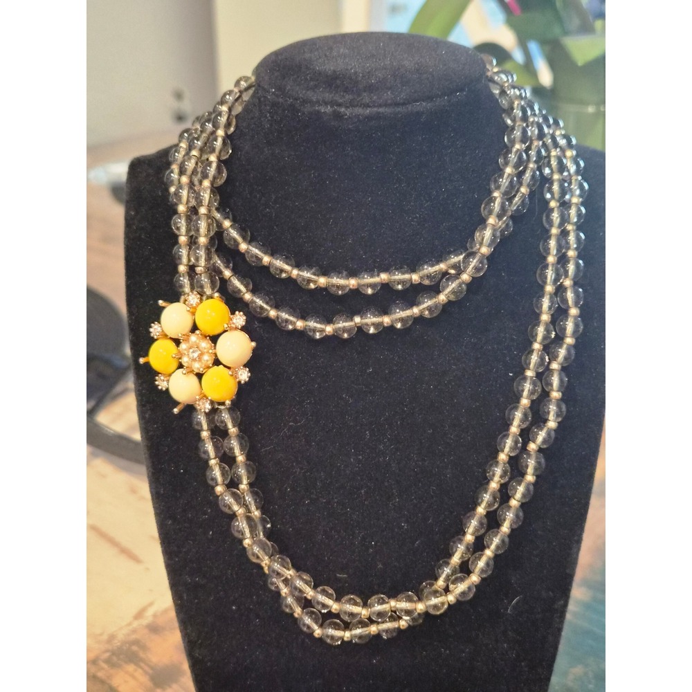 J.Crew Multi Strand Smoky Grey Beaded Necklace Yellow Flower  Statement
